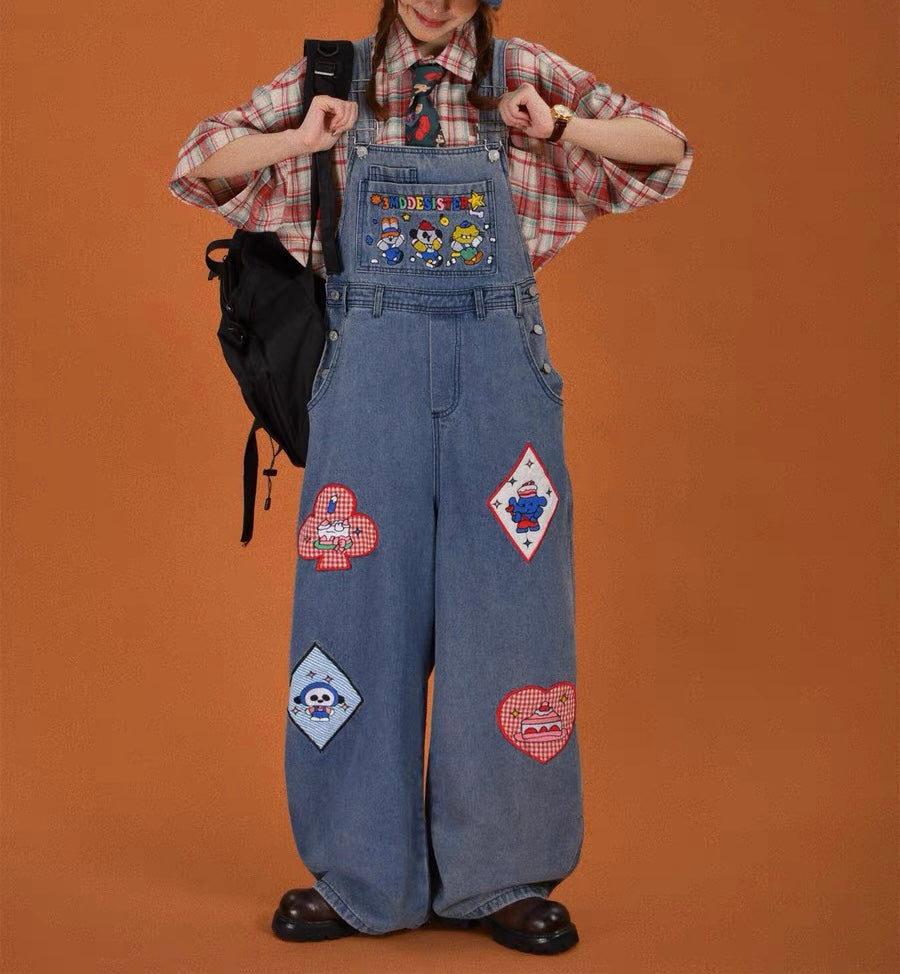 Retro cartoon fun denim overalls