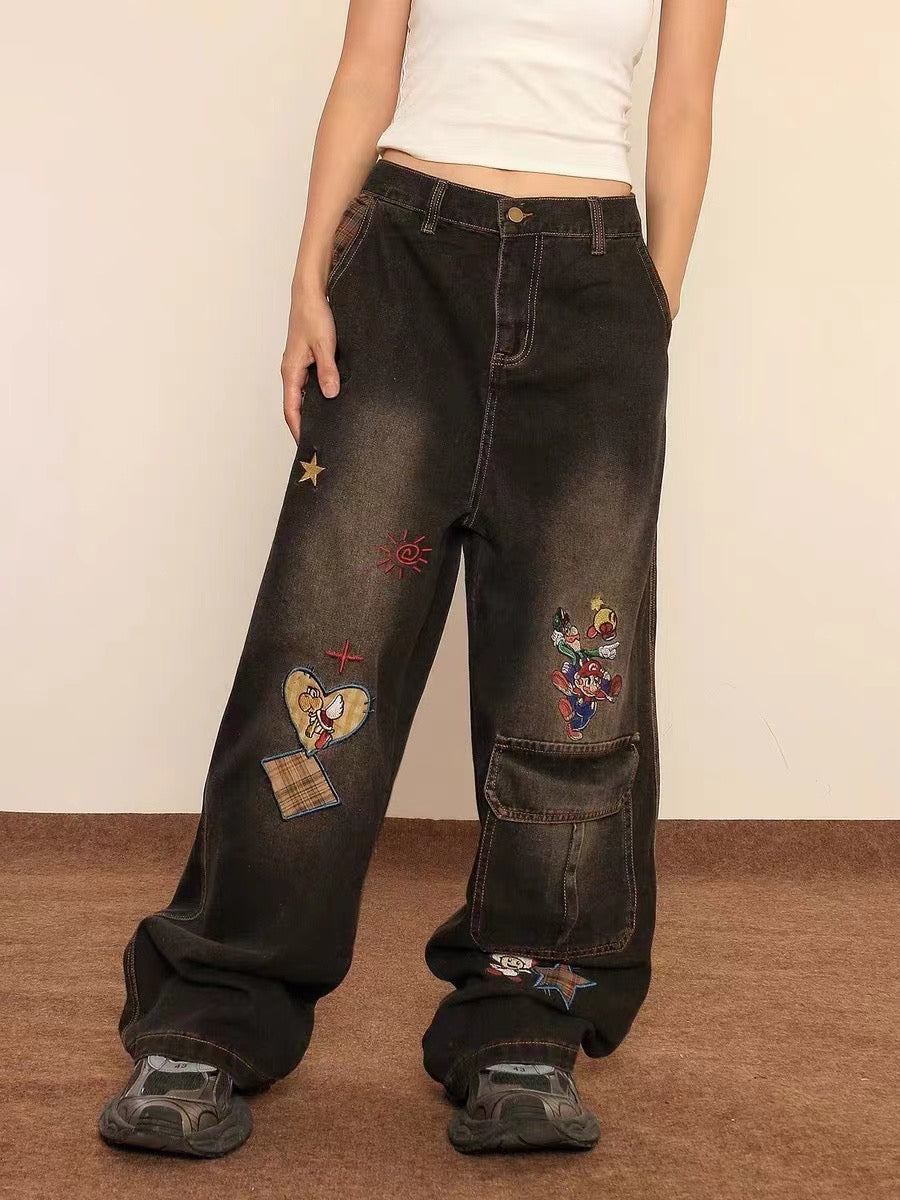 Retro cartoon embroidered washed denim trousers