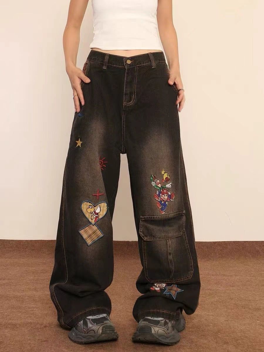 Retro cartoon embroidered washed denim trousers