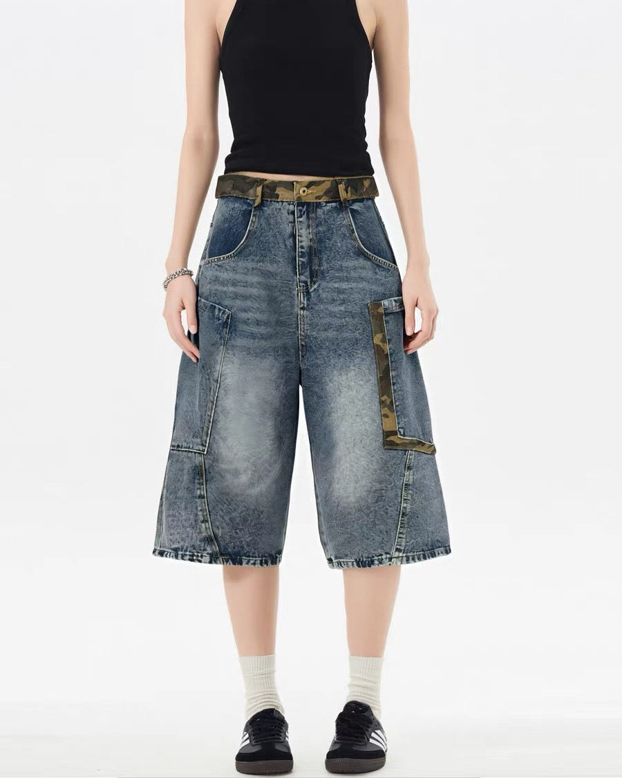 Washed denim shorts