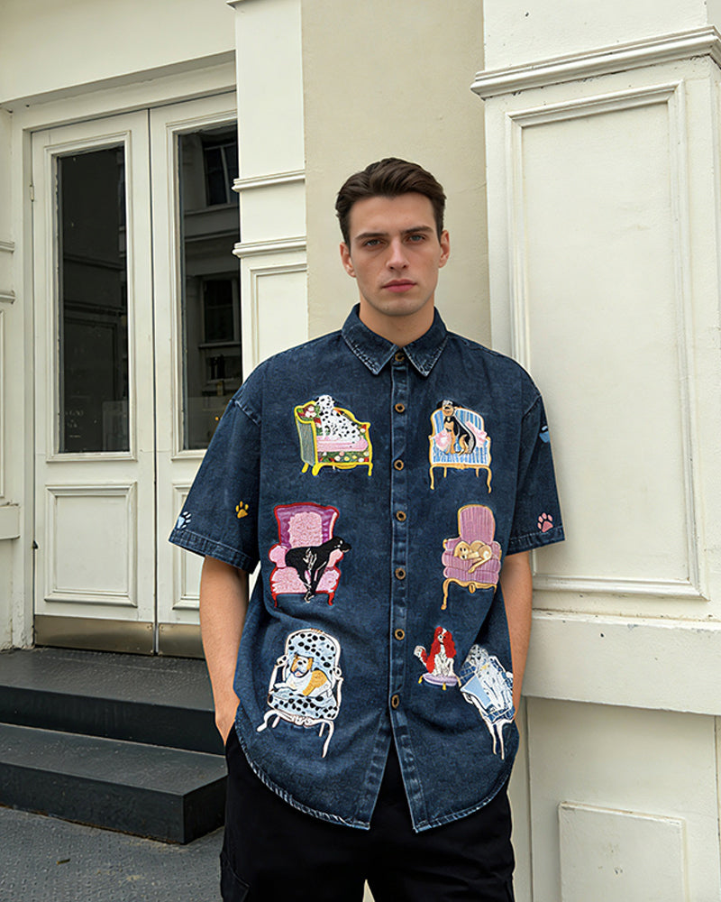 狗狗刺綉牛仔襯衫