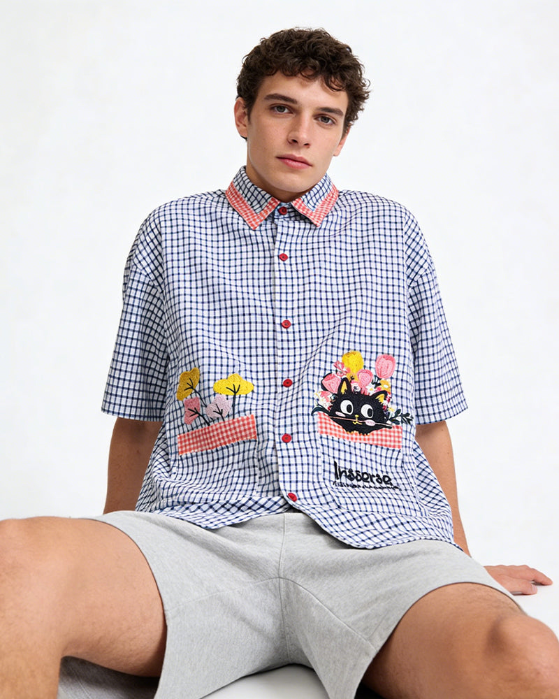 格紋貓咪短袖襯衫