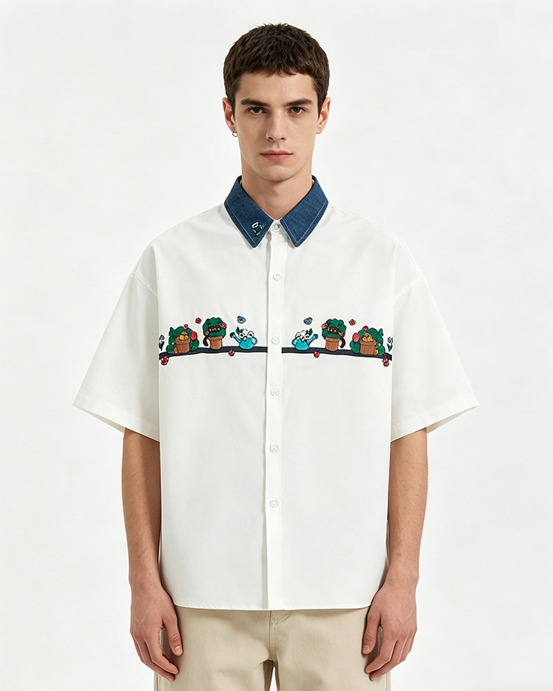 Contrast color stitching cute short sleeve shirt