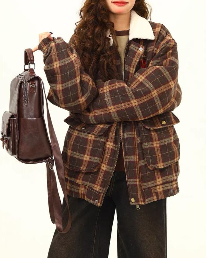 Retro embroidered plaid cotton jacket