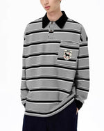 Contrast stripe embroidered polo long sleeves