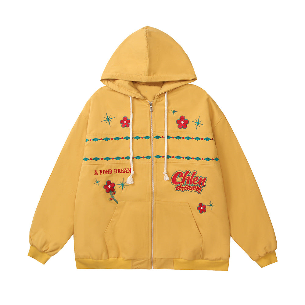 Retro floral embroidered hooded jacket