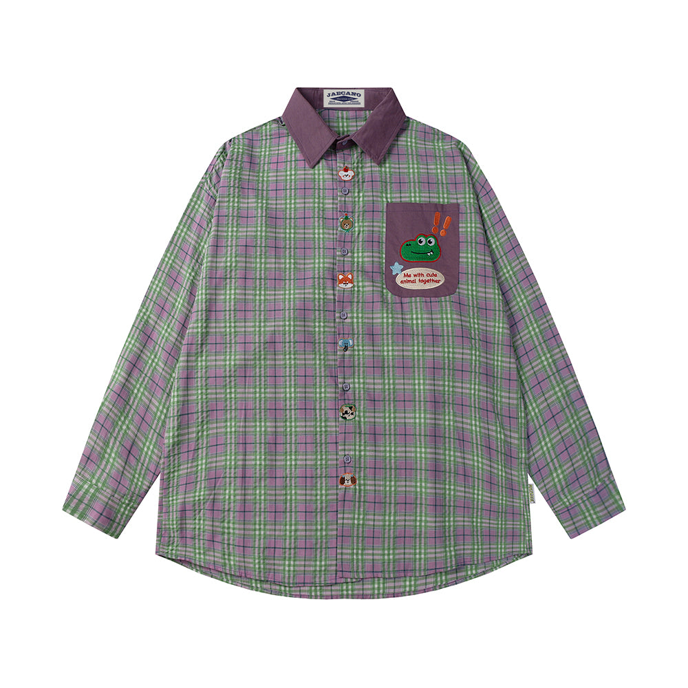 Retro cartoon plaid color block shirt