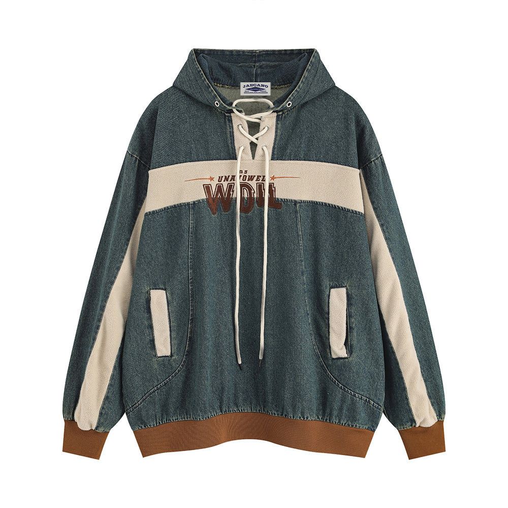 Retro washed patchwork distressed hooded sweatshirt