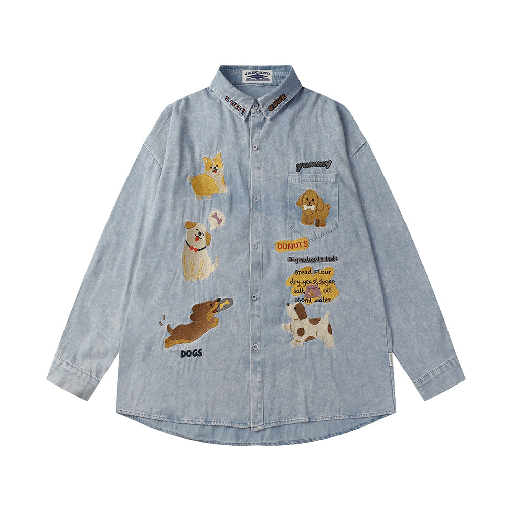 Fun cartoon embroidered denim shirt