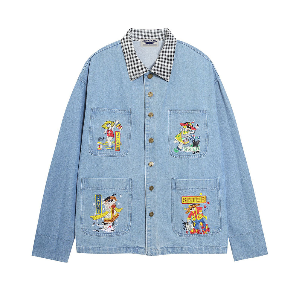 Contrast color fun embroidered denim shirt