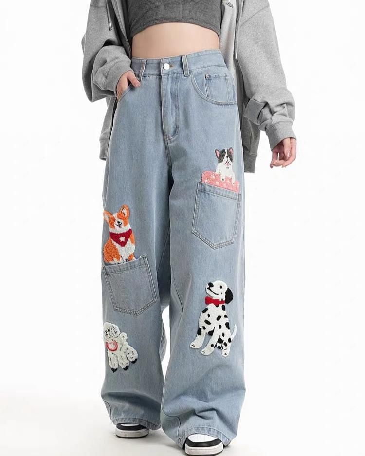 Cute patterned loose denim trousers