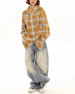 做舊撞色格子連帽襯衫