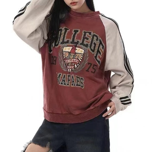 Retro letter print color block sweatshirt