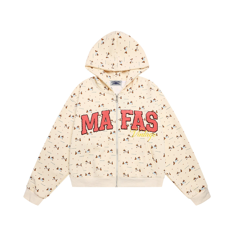 Lettering embroidered hooded sweatshirt jacket