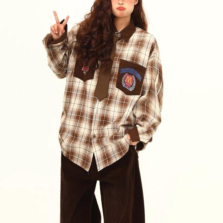 Vintage plaid contrast long-sleeved shirt