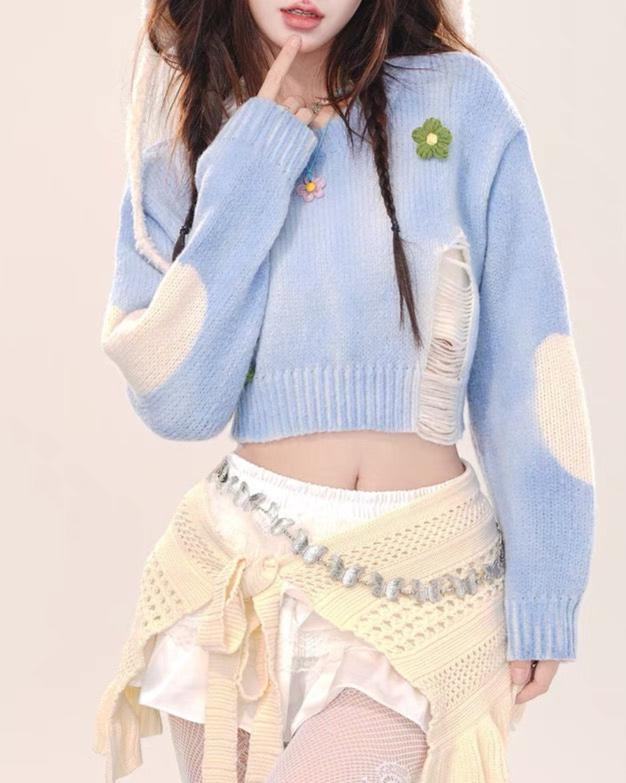 Casual embroidered washed short sweater (women)