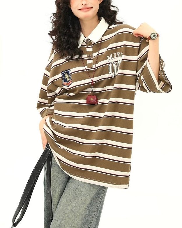 Retro embroidered striped short sleeves