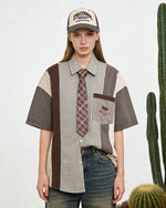 復古拼色短袖襯衫