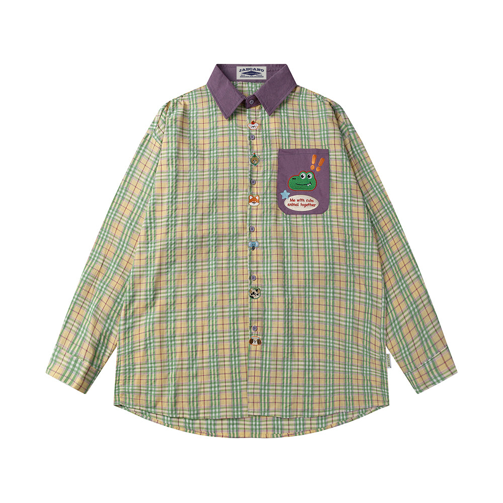 Retro cartoon plaid color block shirt