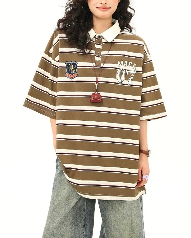 Retro embroidered striped short sleeves