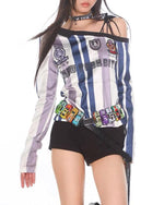 復古豎條紋露肩長袖（女款）