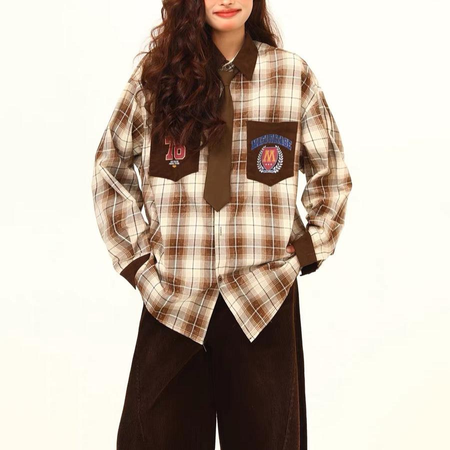 Vintage plaid contrast long-sleeved shirt