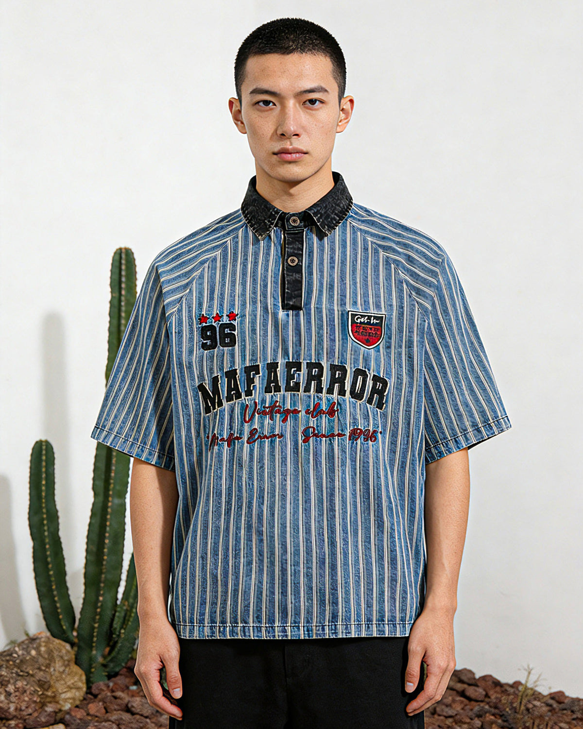 水洗拼接條紋短袖