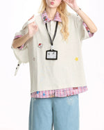 Plaid patchwork fake two-piece short sleeves