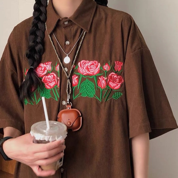 vintage rose embroidered short sleeve shirt