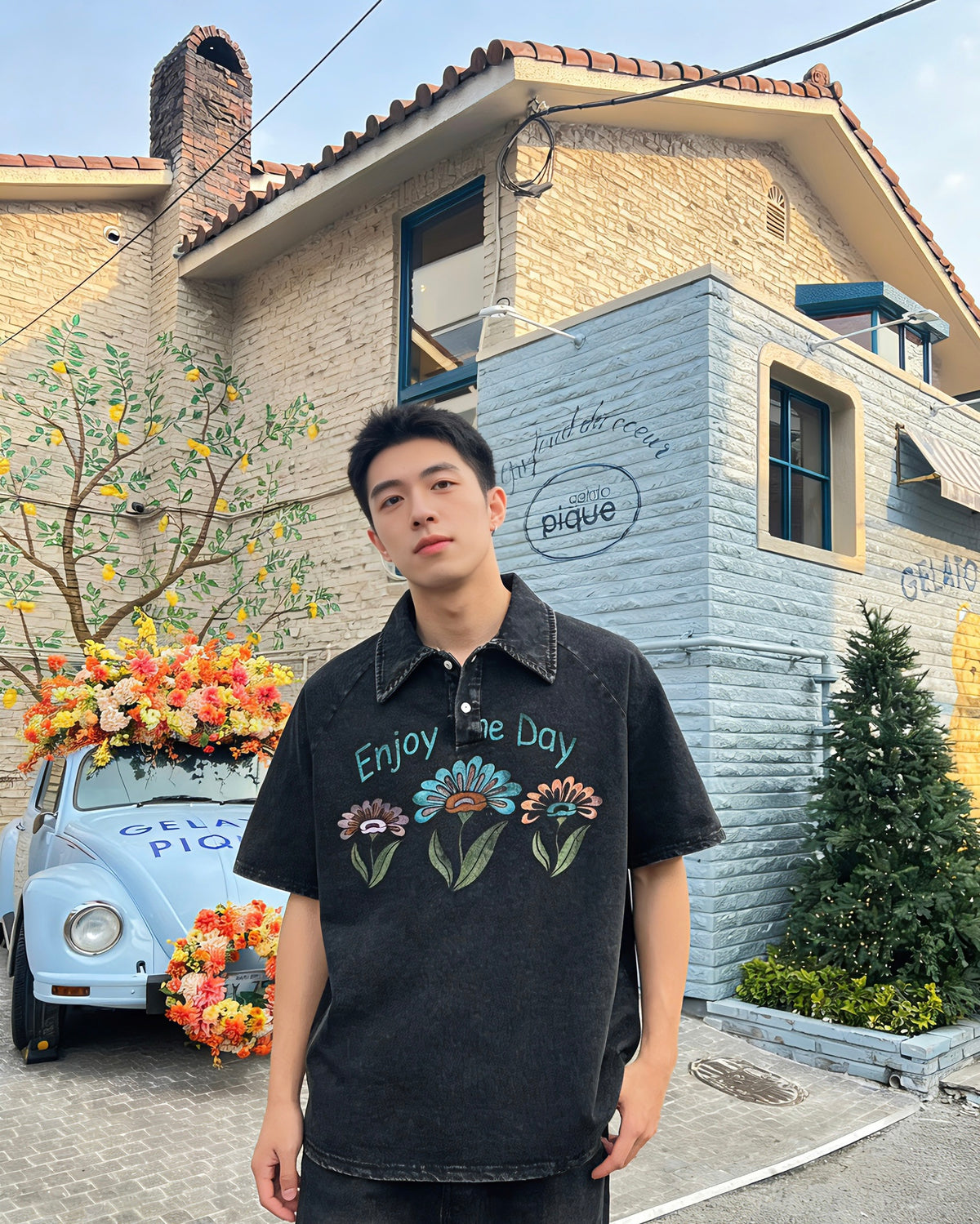 美式水洗做舊花朵翻領短袖