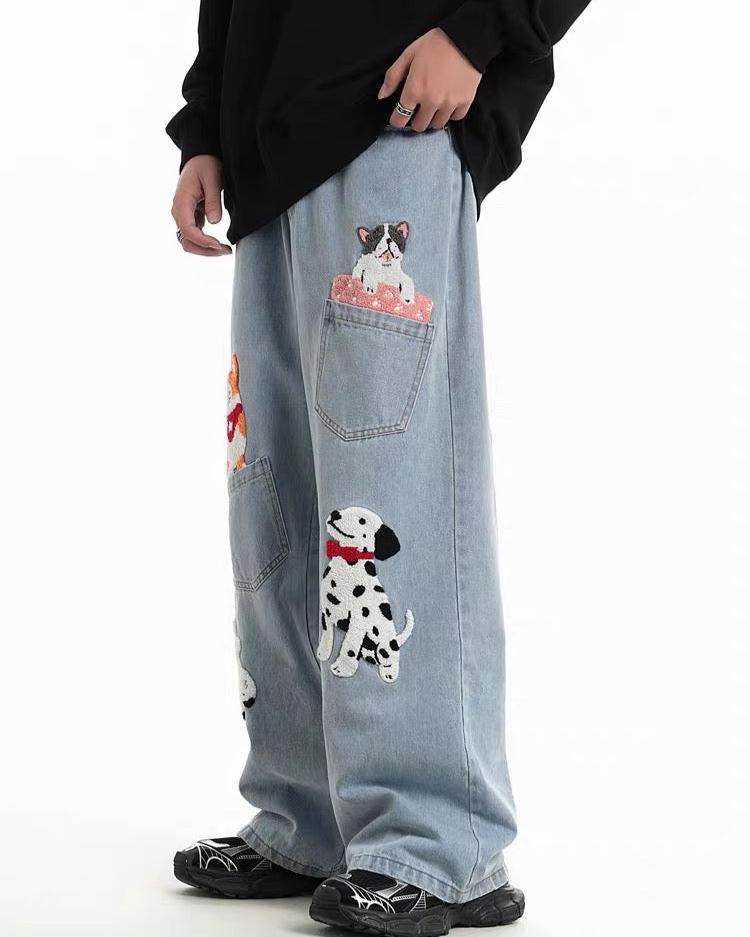 Cute patterned loose denim trousers