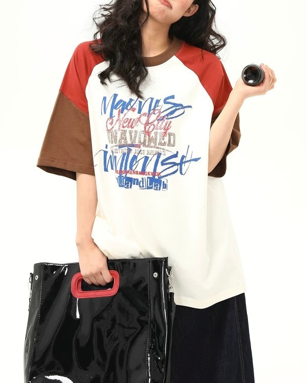 Retro contrast color couple short sleeves