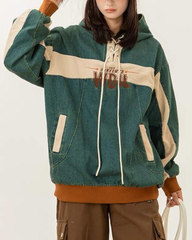 Retro washed patchwork distressed hooded sweatshirt