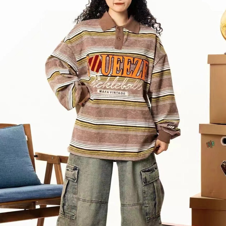 Retro letter embroidered striped long-sleeved sweatshirt