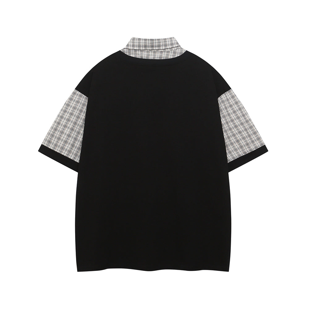 Retro patchwork fake two-piece short sleeves