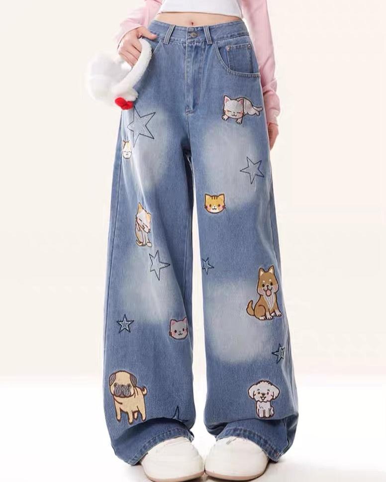 Retro cute embroidered denim trousers