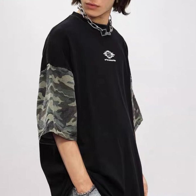 Retro contrast patchwork camouflage short sleeves