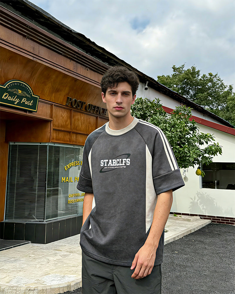 美式復古拼接撞色短袖