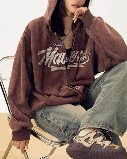 Retro Lettering Hooded Couple Jacket