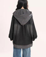 레트로 체크 무늬 패치워크 페이크 투피스 데님 재킷