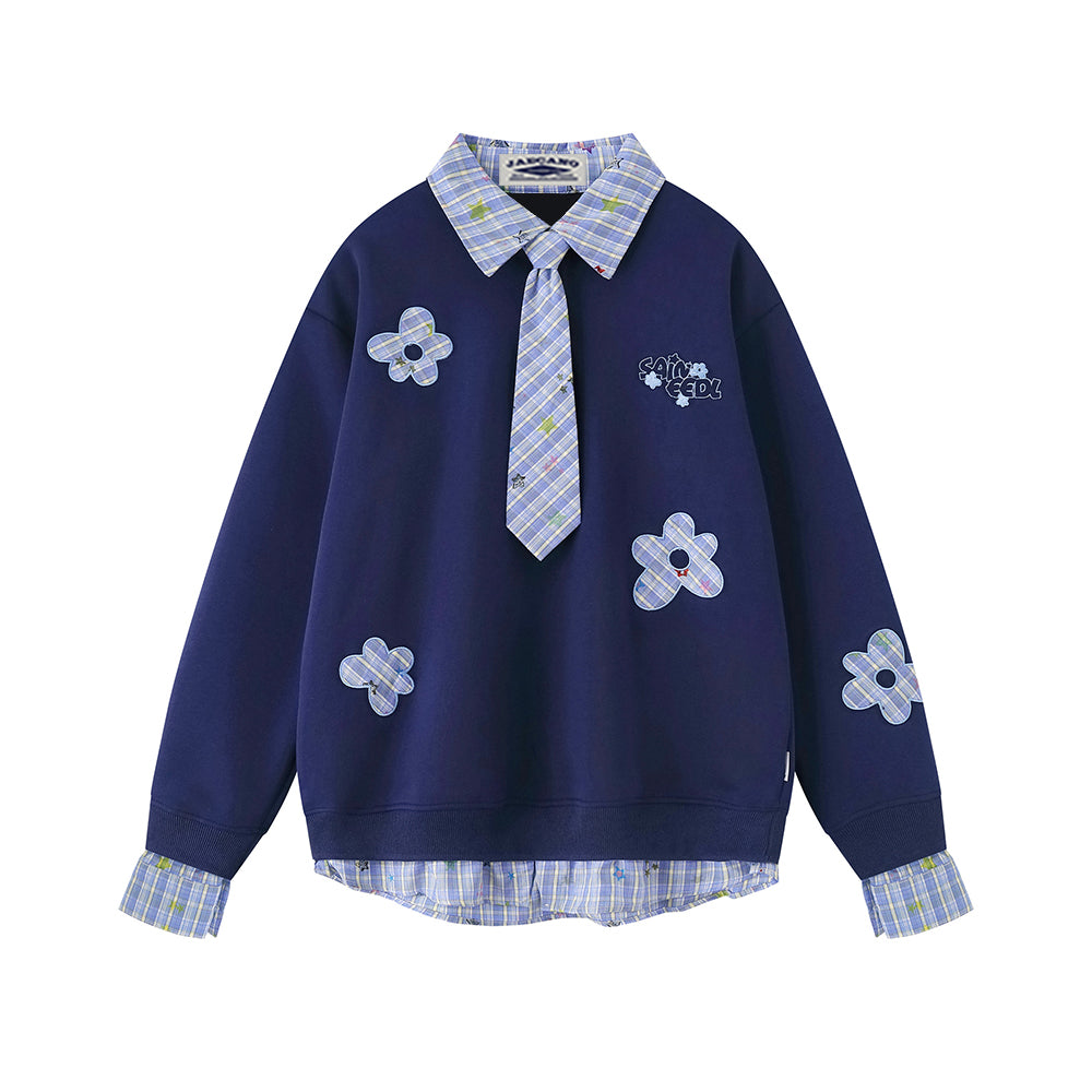 Appliqué patchwork faux two-piece sweatshirt