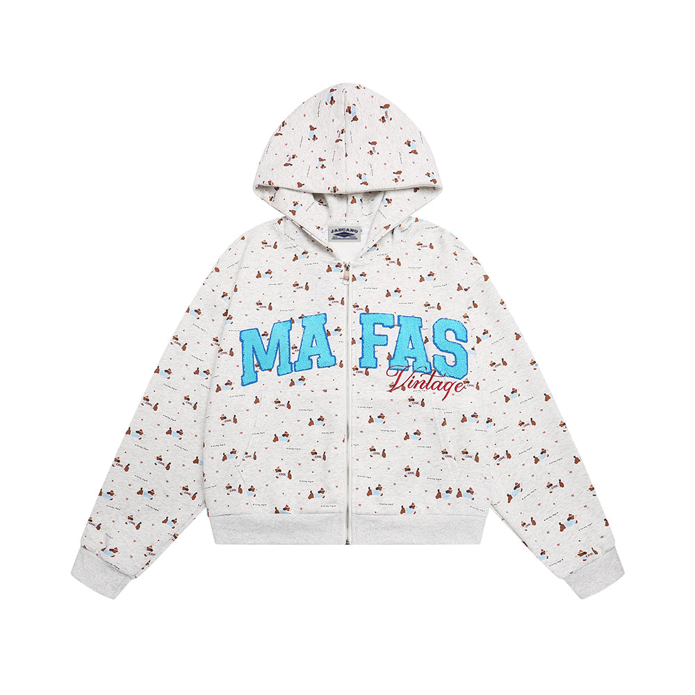 Lettering embroidered hooded sweatshirt jacket