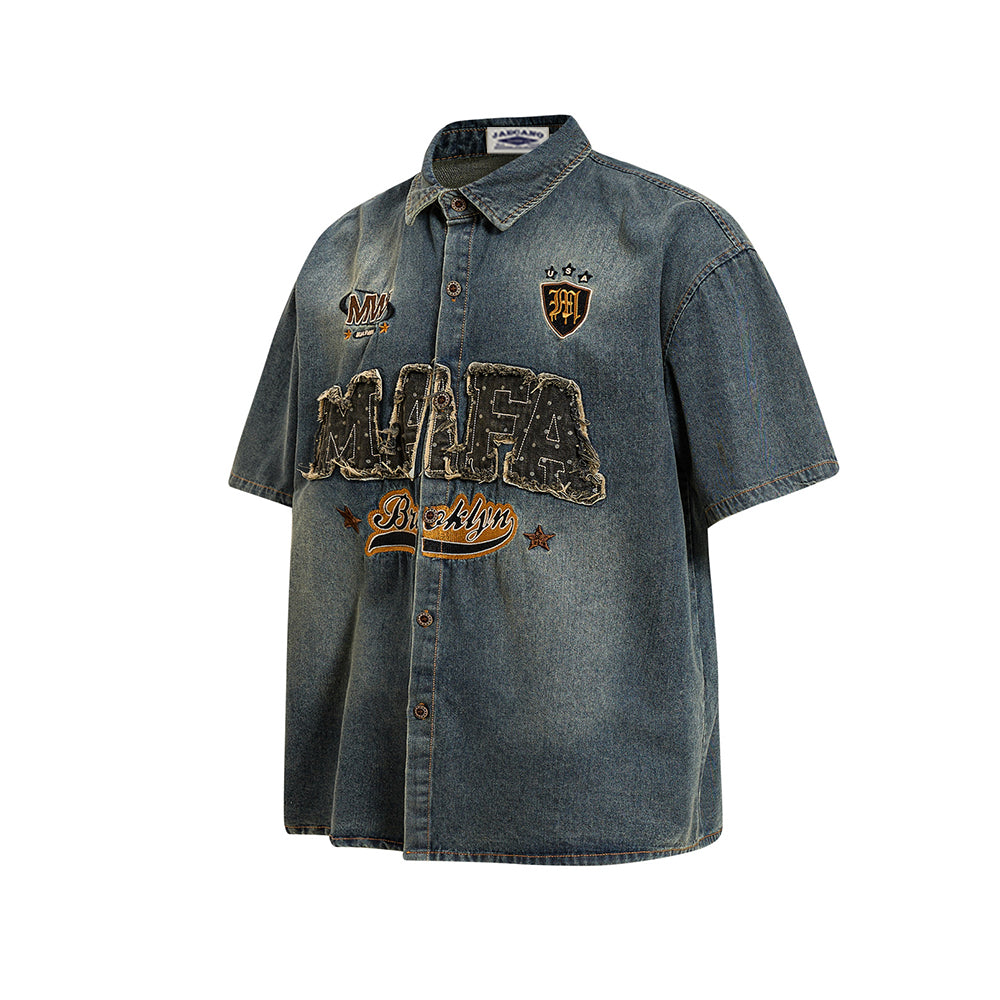 做舊水洗短袖襯衫