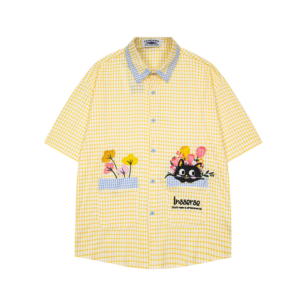 格紋貓咪短袖襯衫