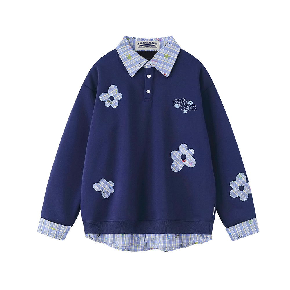 Appliqué patchwork faux two-piece sweatshirt