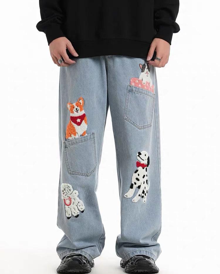 Cute patterned loose denim trousers