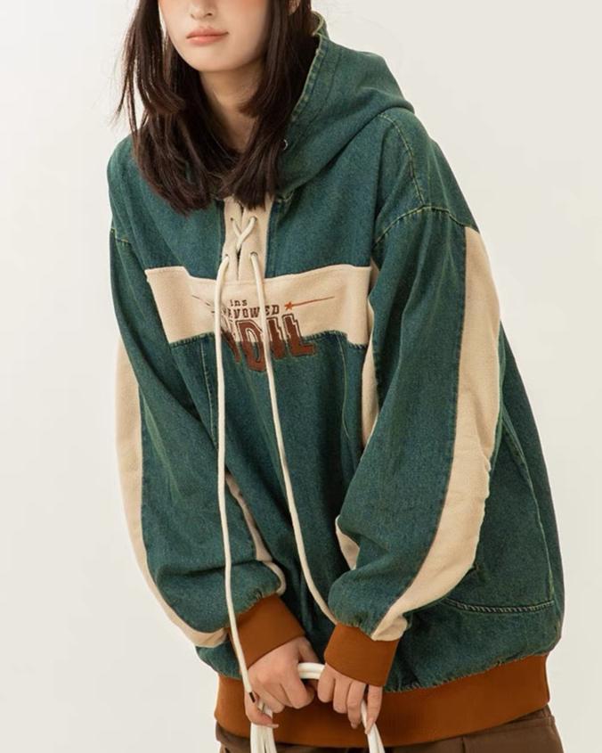 Retro washed patchwork distressed hooded sweatshirt