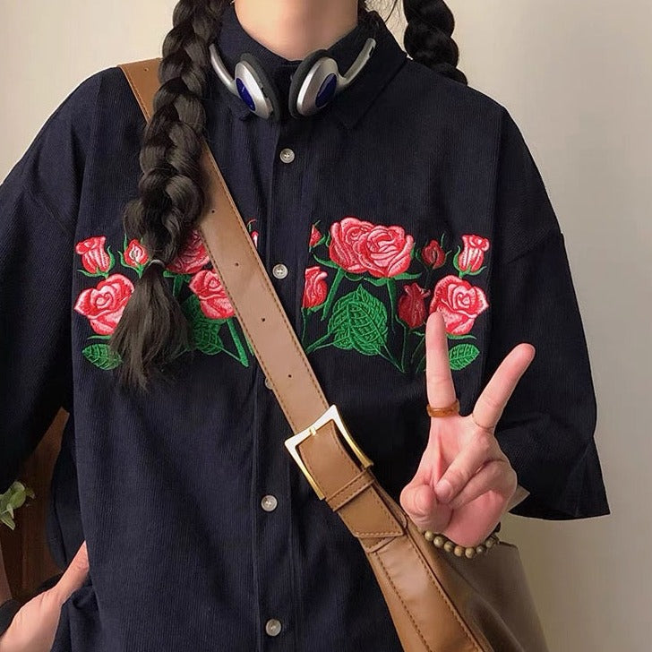 vintage rose embroidered short sleeve shirt