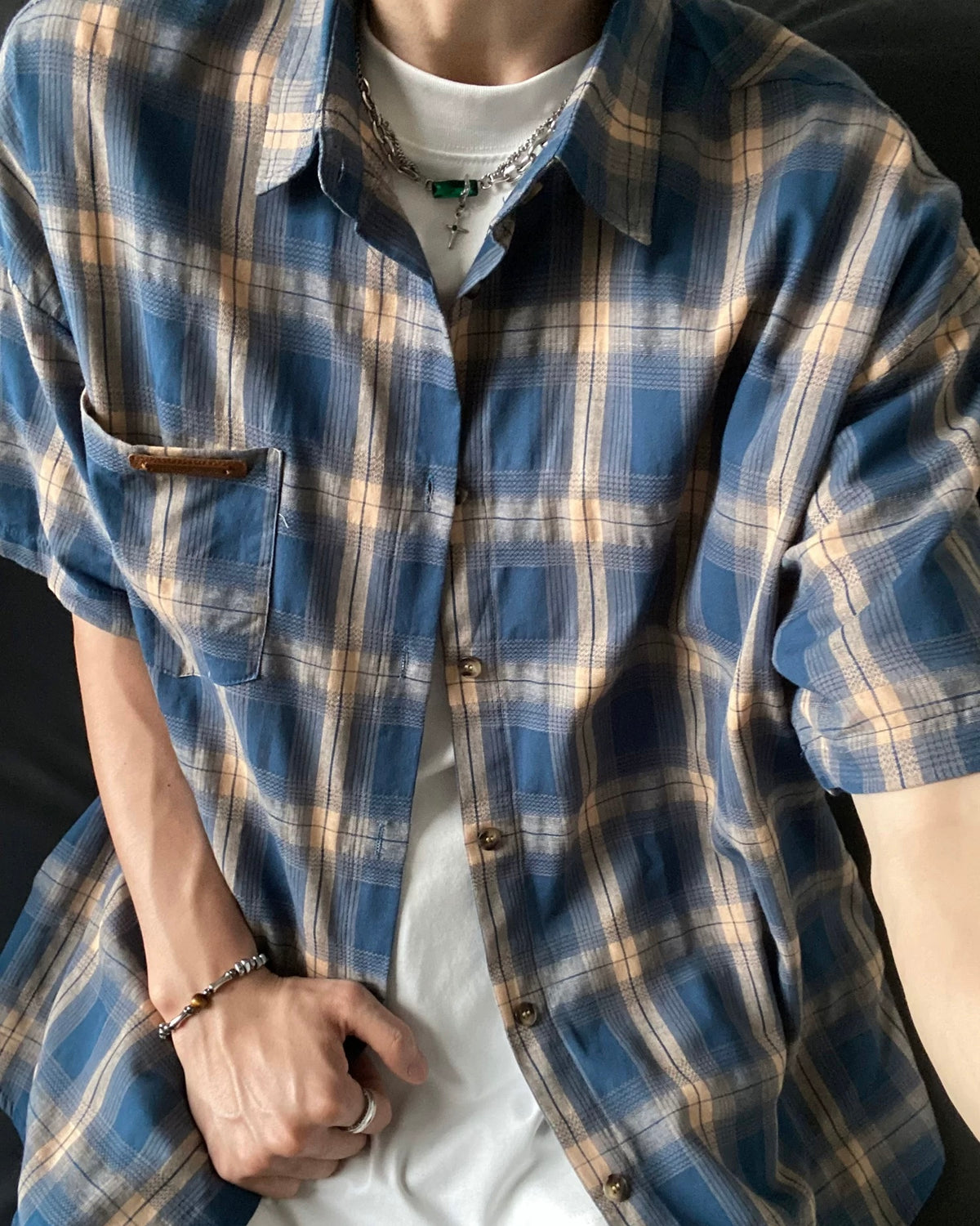 美式復古格子短袖襯衫