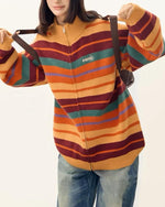 striped stand collar cardigan sweater